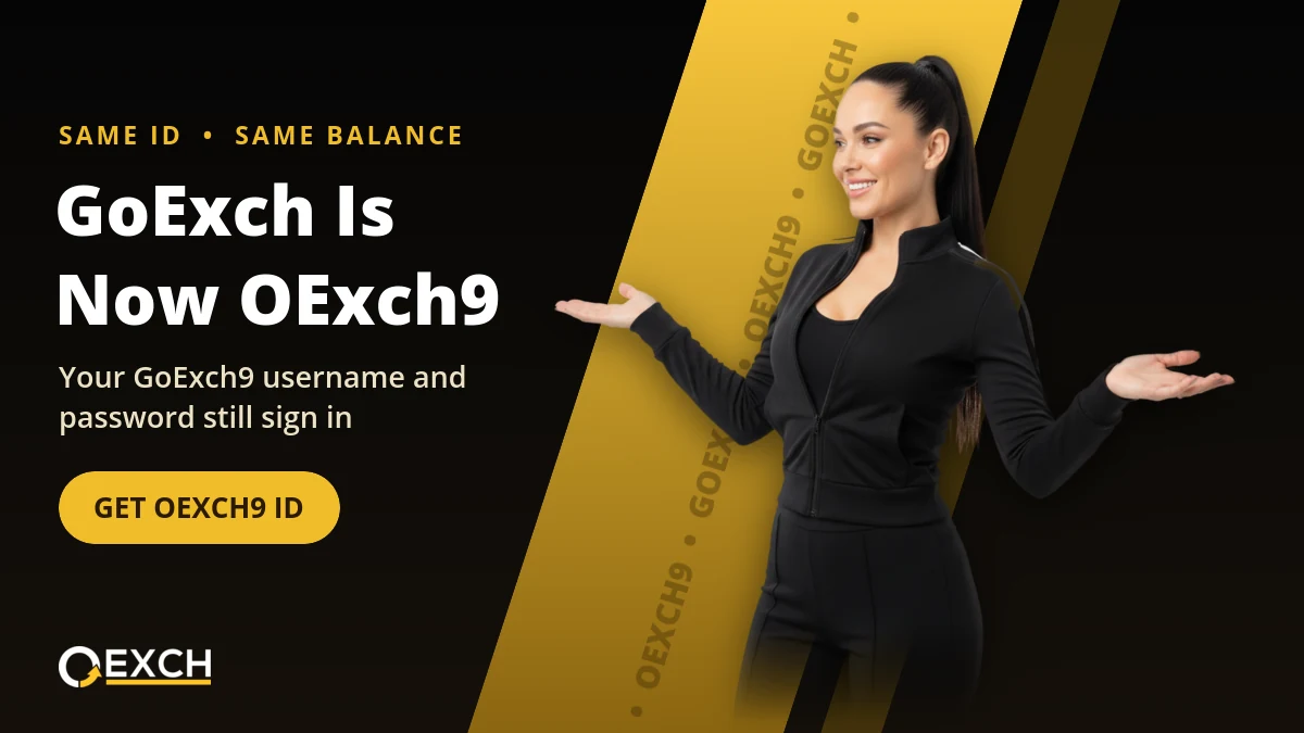 Woman welcoming visitors beside the GoExch is now OExch9 banner headline