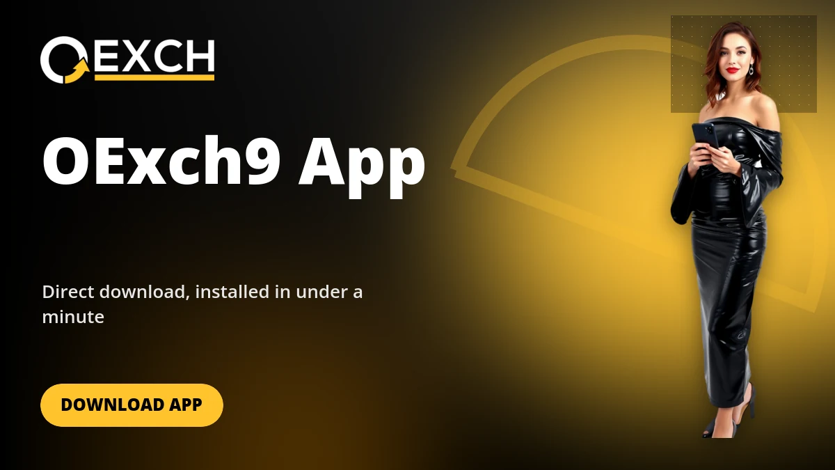 Woman holding a phone next to the OExch9 app download headline
