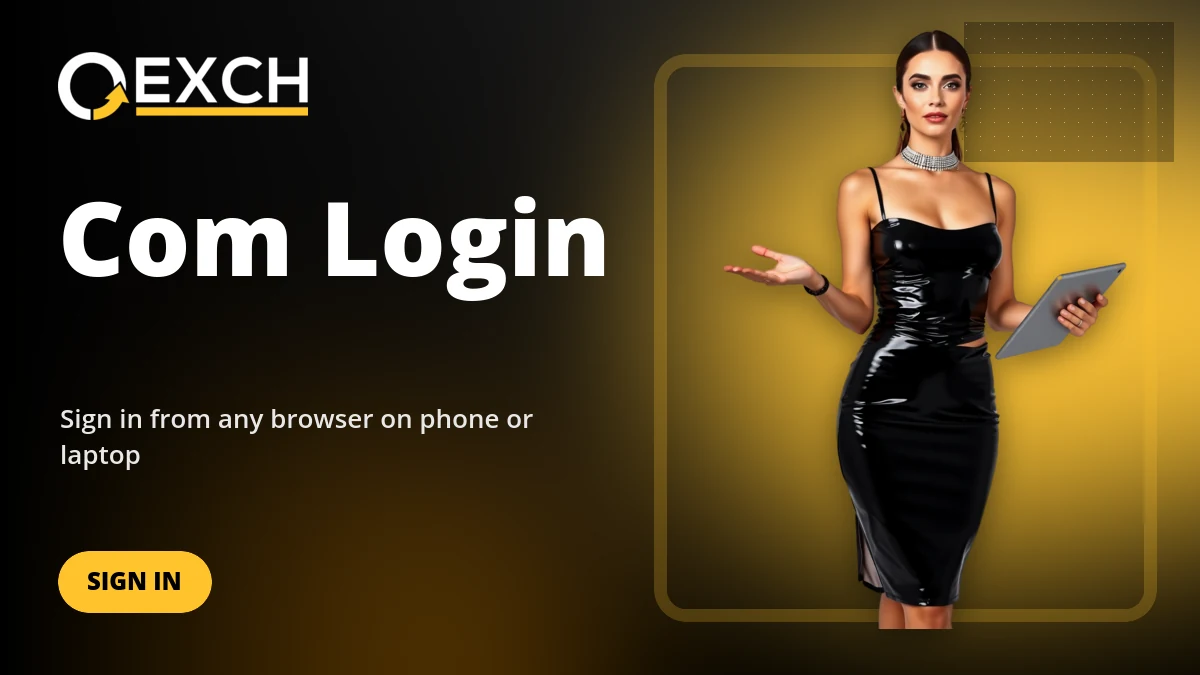 Woman holding a tablet next to the OExch9 com login headline for browser sign-in
