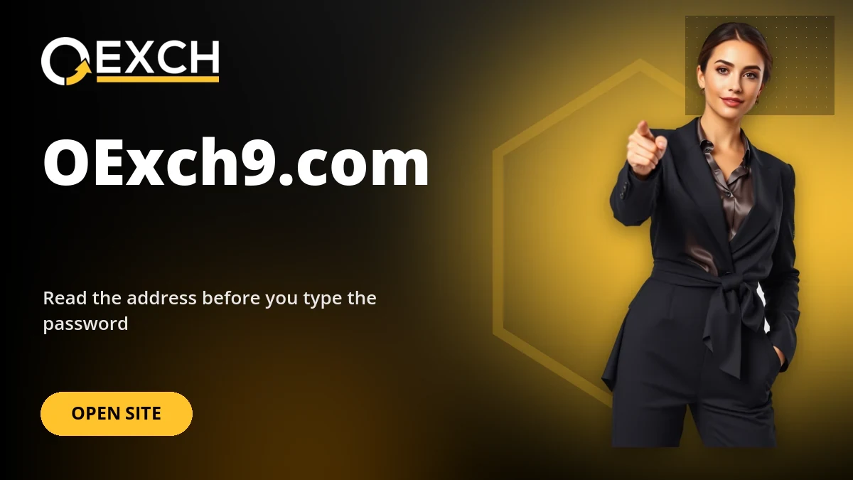 Woman pointing toward the OExch9.com official website address headline