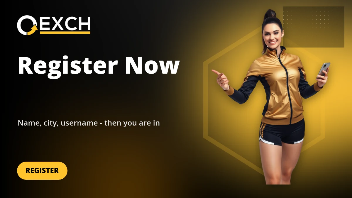 Woman in a sports jacket pointing toward the OExch9 register headline
